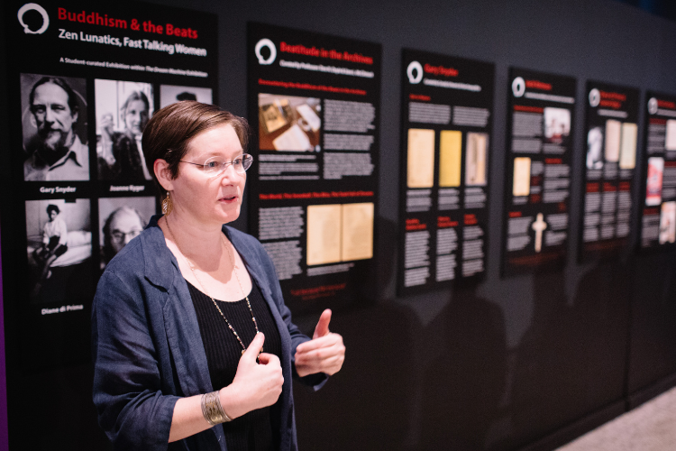 Professor Sara McClintock lecturing at the Buddhism and the Beats Exhibit 2018